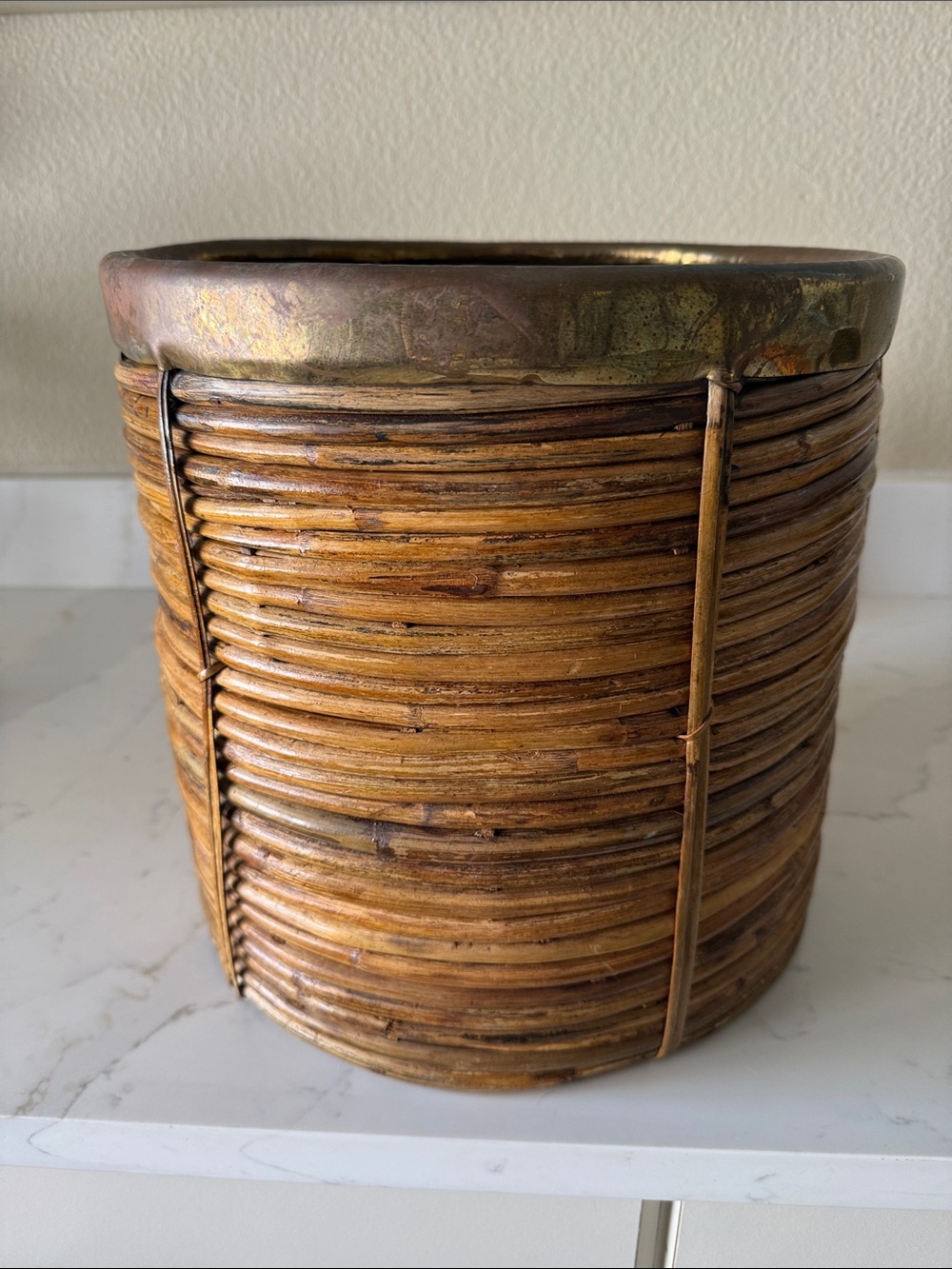 Vintage Pencil Reed Bamboo Basket with Brass Rim Large - Picture 3 of 6